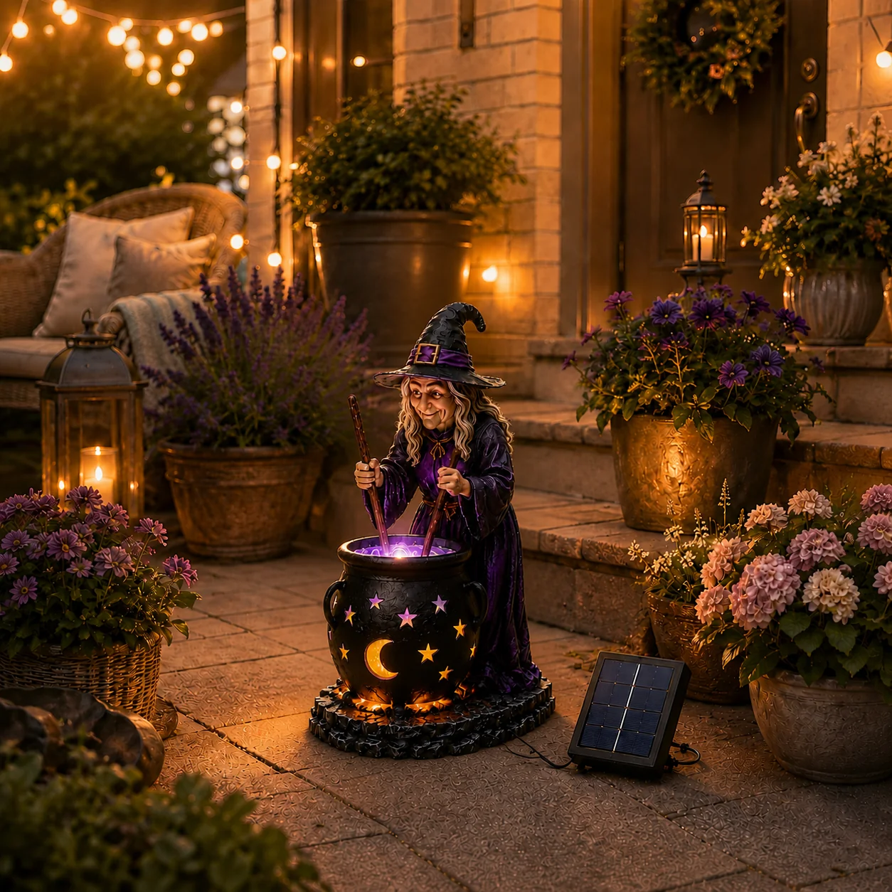 Lámpara Solar de Bruja con Caldero Mágico | Decoración de Halloween para Jardín
