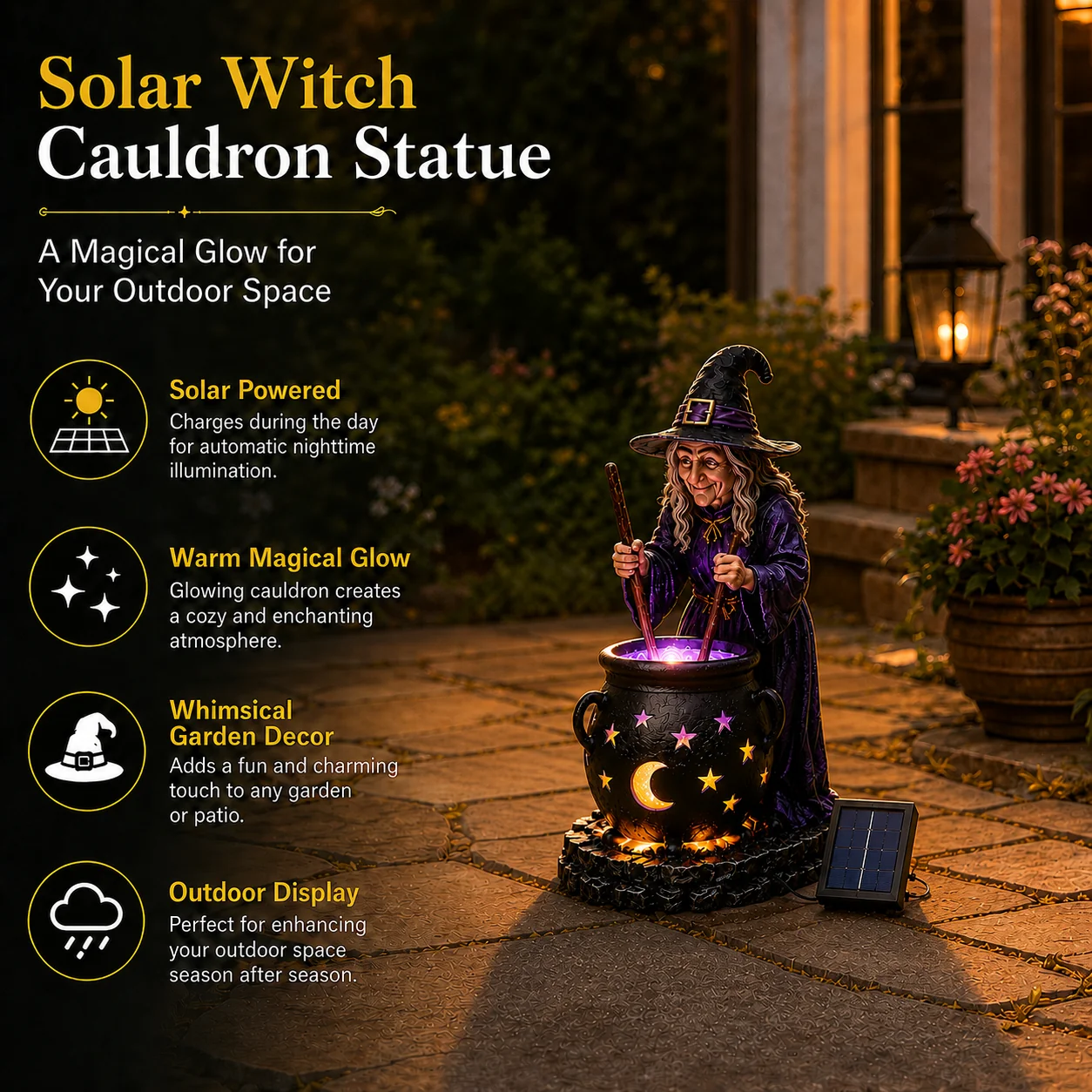 Lámpara Solar de Bruja con Caldero Mágico | Decoración de Halloween para Jardín