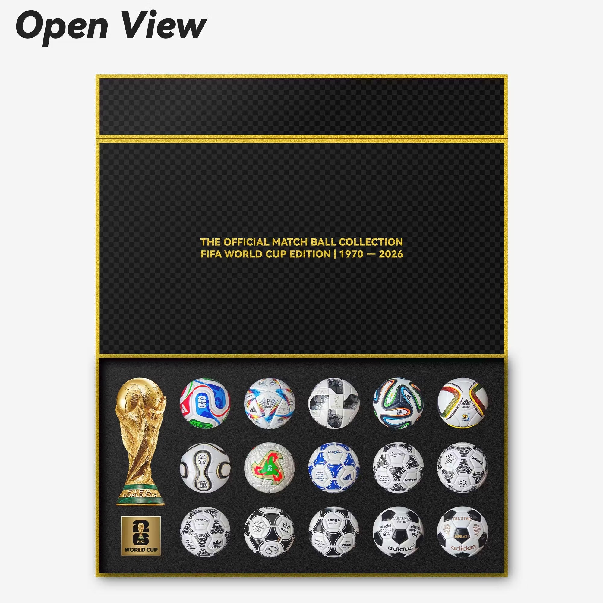 Colección completa de mini balones oficiales de la Copa Mundial de la FIFA 1970-2026 en caja de regalo de lujo con mini trofeo de la Copa Mundial.
